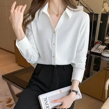 Casual Style Hvid langærmet Chiffon Bluser koreanske Løs Revers Shirts til Kvinder Foråret og Efteråret Tøj
