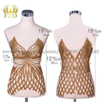 FZD 1 Sæt Guld colro front&tilbage Rhinestones V-hals Patches til Bryllup Kjoler, DIY Dekorative Tøj Applique