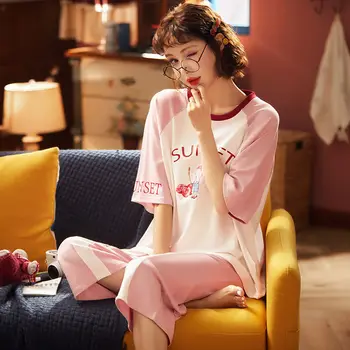 Pyjamas Sæt Kvinder Sommeren koreansk Stil Udskrive Enkle Bløde Casual V-Hals Fashion Bomuld Dame Nattøj 4XL Plus Size Studerende Hyggeligt
