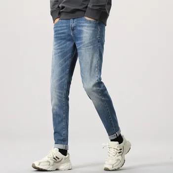 Ny Mode Mænds Ni point Små fødder Jeans blå Stretch Jeans, Casual Straight Slim Fit Skinny Jeans Mænd Bomuld Bukser