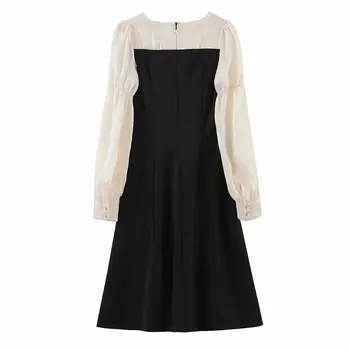 Elegant kjole kvinder vintage midi-kjole til sommer med lange ærmer kjoler patchwork vestidos v-hals kjole sort split kjoler ruched