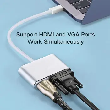 USB-C til HDMI + VGA,USB Type C (Thunderbolt-3 Kompatibel) til HDMI 4K+VGA-Adapter, der er Kompatibel Pro/Chromebook Pixel/X Dell