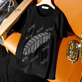 Tshirt Mode Bling Sommer Skjorte Læber Rhinestone Grafisk T-Shirt Kvinder Toppe Base Sort O-hals, Ærme Sjove Piger Tees 2021
