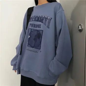 2021 Forår, Efterår O-Neck Pullover Kvinder koreanske Løstsiddende Tøj oversized Sweatshirt Vintage Overdimensionerede Harajuku koreanske hættetrøje