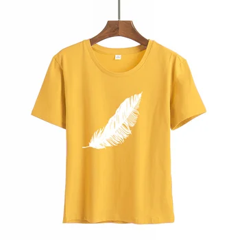 2021 Kvinder Casual Harajuku Fashion T-shirt Fjer Print Løs O-hals, Kort Ærme Elastisk Strakt sommerhus Nye t-Shirt