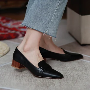 Kvinders ægte læder-slip-on lejligheder loafers fritid blød behagelig afslappet enkelt-sko af høj kvalitet firkantet tå kvinder sko