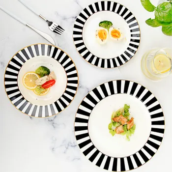 Europæiske keramisk bord, køkkenredskaber hjem køkken plade liste enkel morgenmad parabol dybt geometriske sort og hvid skive