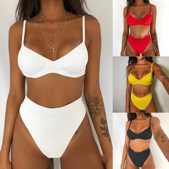 Bikini Women ' s Sommer Mode Sexet ensfarvet V-neck Halter Bikini Beach Badetøj купальник женский bikinier 2021 mujer bikini