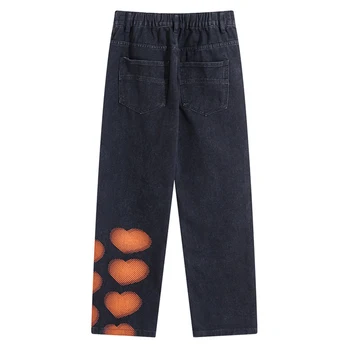 ELKMU Vintage Jeans Mænd Streetwear Harajuku Hjerte-formet Graffiti Denim Bukser til Mænd Mode Bukser med Elastik i Taljen HM336