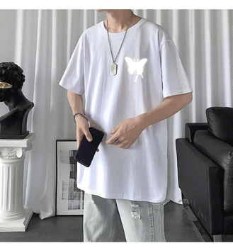 T-shirt til Mænd, Sommer Kort-langærmet Reflekterende Sommerfugl Print Hong Kong Style Løs Tidevandet Tendens Rund Hals Skjorte