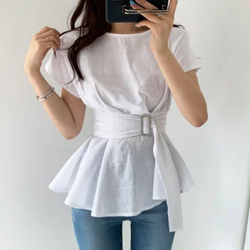 ZAWAHIKI koreanske Elegante Kvinder Skjorte Sommeren 2021 O-Hals, Korte Ærmer Bandage Slank Talje Flæser Toppe Solid Bluse