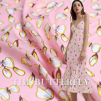 Hvid waxberry 12momme pink butterfly trykt silke crepe de chine silke sommer kjole DIY tøj, tekstiler ping