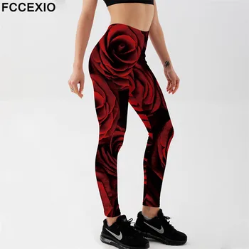 FCCEXIO Retro Rød Rose Print Kvinder, Høj Talje Bukser Mode Plus Size Fitness Slank Blød Stretch Leggings Sexet Køre Bukser