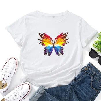 Akvarel Butterfly Grafik Kvinder T-shirt Smukke Insekter Mønster T-Shirts Kvinder Løs Rund Hals Toppe Camisetas Mujer