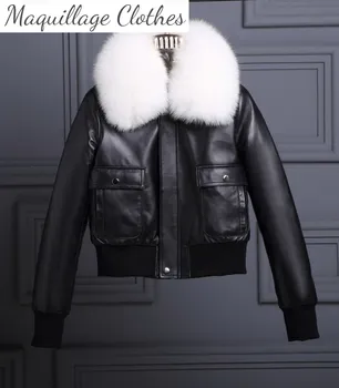 Kvinder vinteren ræv pels krave varm frakke Høj kvalitet i ægte læder jakker kvinders ægte læder frakke B365