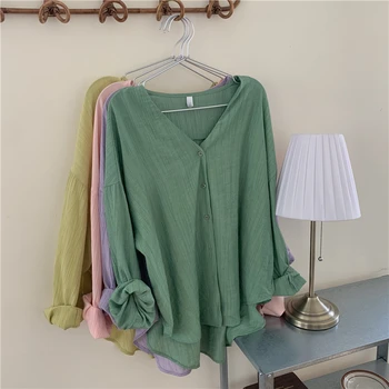 4colors Sød bluse shirt koreansk stil, V hals langærmet bluse om Sommeren kvinder solbeskyttelse toppe 2021 (k8165)