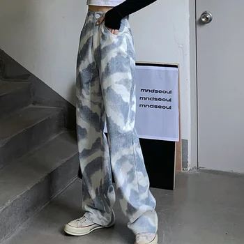 Kvinder Tie Dye Print Mode Høj Talje Cargo Bukser Streetwear Y2K Retro Straight Bukser med gylp Kvinder Capris Jogger Bukser