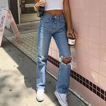 WEPBEL Nye Kvinder Mode Rive Hul Høj Talje Denim Jeans Straight Bukser Street Style Lange Bukser Casual Jeans Kvinder Bukser