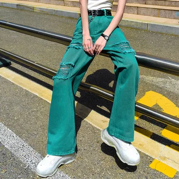 2021 Candy Farve Hul Jeans Kvinder Mode Y2K Høj Talje Fast Kontor Dame Denim Bred Ben Bukser Kvindelige Streetpants Tøj P021