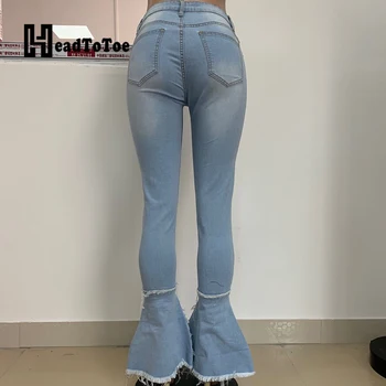 Butterfly Og Sort Design Revet Huller Jeans Kvinder Casual Flare Denim Bukser