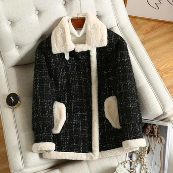 Vinteren Tykkere Tilføje Fløjl Tweed Frakke Kvinder 2021 Nye Koreanske Mode Lynlås Lange Ærmer Uld Jakke Vintage Varm Lækkert Overtøj