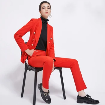 2020 Nye Design Womens Pants, Der Passer Rød Pink Office Business-Dobbelt-Breasted Knap Blazer Bukser To Delt Sæt Formelle Dragter Efteråret