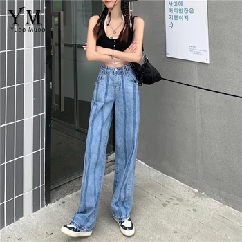 YuooMuoo Striber Mønster Høj Talje Jeans Kvinder Streetwear Lige Blå Mødre Denim Bukser Mode Y2K Boyfriend Jeans for Kvinder