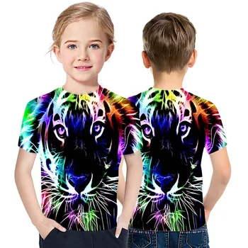 Tiger Head 3D Mønster T-Shirt børnetøj Cool kortærmet Sommer Drenge Og Piger Mode Top Ungdom, Vitalitet Tøj
