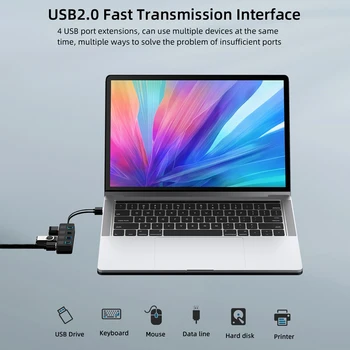 USB 2.0-HUB, Multi USB-Splitter 4 Porte Expander Flere USB Power Adapter Hub for Laptop-PC til windows, Linux og Mac OS