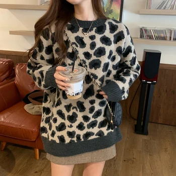 Mode leopard o-neck strikket Trøjer Kvinder casual løs langærmet trøjer streetwear Tøj til Kvinder efterår og vinter nye