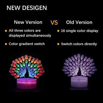 Peacock 3D-Nat Lys for Kids 3D-Illusion Lampe Touch Kontrol Farver Changable med 3 Mønster Peacock Legetøj til Fødselsdag Gaver