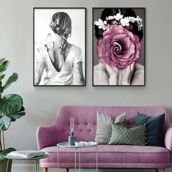 Pink Peony Blomst Kvinde og Print Blomst Bøger Væg Kunst, Lærred Maleri Moderne Mode til stuen Hjem DecorPictures