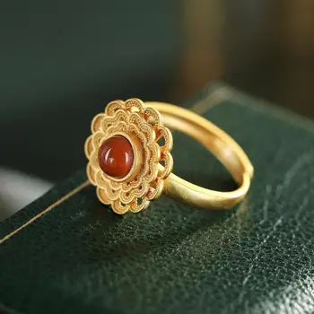 Elegant Hule Guld-Blomst Ring S925 Sterling Sølv Sydlige Rød Agat Omstillelig Index Finger Ring Kvinders Justerbar Størrelse