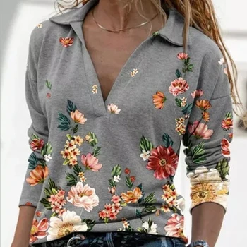 Foråret Sweatshirts Kvinder Vintage Bluse Langærmet Skjorte Kvinde Blomsterprint V Neck Pullover Mænds Casual Skjorter Overdele