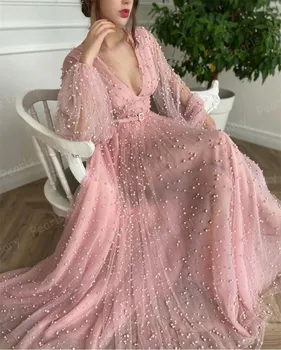 Saudi-Arabien Pink Fuld Perler Aften Kjole Med Jakker Luksus Dubai Bryllup Part Kjoler, Elegante Kvinder, Formel Prom Kjoler 2021