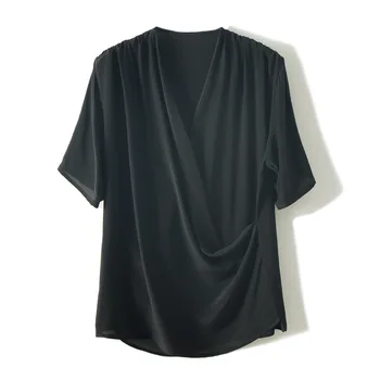 Silke kort-langærmet top kvindelige design forstand niche lys bekendt vind mulberry silke t-shirt gas temperament V krave sommer