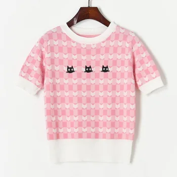 Tre Cat Hoveder, Kontrast Pil Plaid Sweater Skjorte Kvinder, Strik, T-Shirt 2021 Mode Sommer Toppe Tee O Hals Kortærmet Tshirt