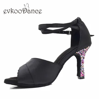 Evkoodance latin dance sko sort med glimmer hæl højde 8,3 cm Kvinder Sko-Størrelse US4-12 Professionelle Evkoo-618