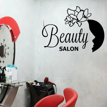 Vinyl Væg Klistermærker Beauty Salon, Room Decor Frisørsalon Vægoverføringsbilleder Womam Ansigt Windows Mærkat Barber Shop Ren Farve B564