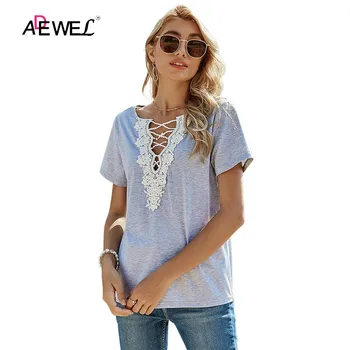 ADEWEL Kvinder Casual T-shirts Grå Sexy Lace Hule V-hals kortærmet Tshirt Boho Solid Farve Overdele Streetwear Sommeren Nye