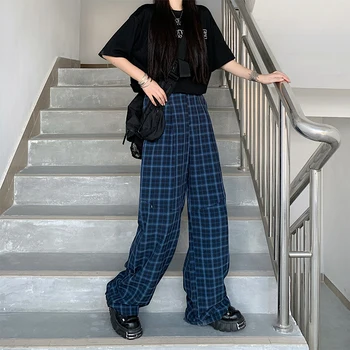 Capris Nye brand koreanske Kvinder ' s tøj harajuku ulzzang Kvindelige høje løs preppy stil elastisk talje plaid bred ben bukser, hot