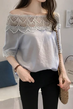 Kvinders Plus Størrelse En Hals Base Chiffon Skjorte Lace kortærmet T-shirt Løs Stil, Off-the - Skulder Design Top Coat Af Kvindelige