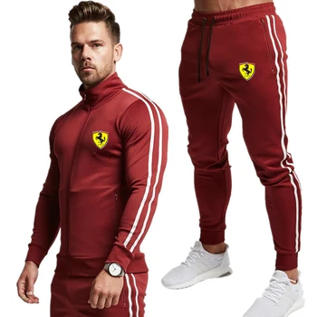 2021 Nye Forår Mænds SweaterPullover Hoodie + Bukser To-Stykke Ferrari Trykt Sportstøj Mænds Sportstøj WorkoutClothes