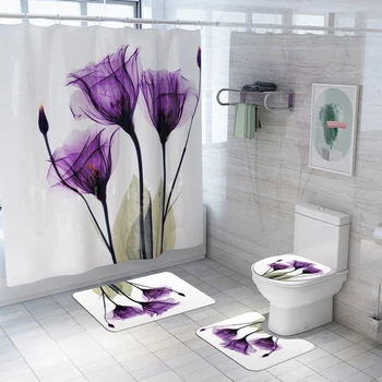 Badeforhæng Lilla Tulip Flower Vandtæt Polyester Bad Gardin til Badeværelse Tilbehør med Kroge 71 x 71 Tommer