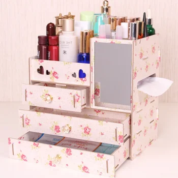 DIY Træ-opbevaringsboks Makeup Organizer Smykker Beholder Træ Skuffe Organizer Håndlavet Kosmetiske Opbevaring Organizer Box