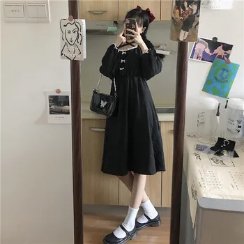 Japansk Gothic Lolita Kjole Fransk Tværs Af Tie-Pladsen Hals Kawaii Falde Kjoler Bue Syning Høj Talje Tynd Sort Kjole