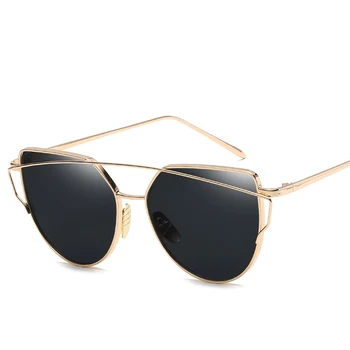 Ny Mode-Cat Eye Solbriller Kvinder Luksus Brand Design Mirror Linse Vintage solbriller Rose Gold Metal UV400 oculos