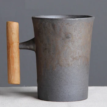 300Ml Kreative Håndlavet Keramik Og Krus med Ske Rust Glasur med Træ-Håndtag Vand Cup for Hjem/Kontor