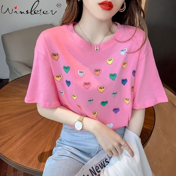 Sommeren koreansk Stil Løs Bomuld T-Shirt Mode Print Kærlighed Brev Kvinder Toppe Bunden Trøje Casual Alle Match Tees Nye T15911A