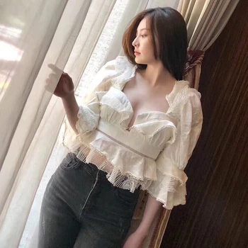 Kvinder Hvid Skjorte Flæsekanter Blonder Bluse Efteråret Sexede Damer Square Neck Tops Puff Ærmer Koreansk Mode Tøj